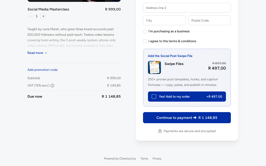 CheckoutJoy checkout priced in Rand with a VAT line, an order bump, and a continue to payment button