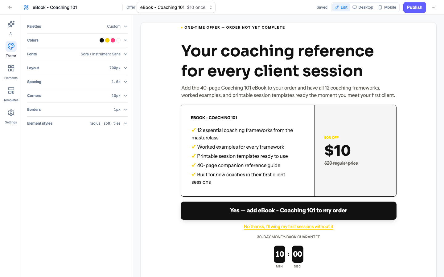 Upsell page builder with theme controls and a one-time offer page